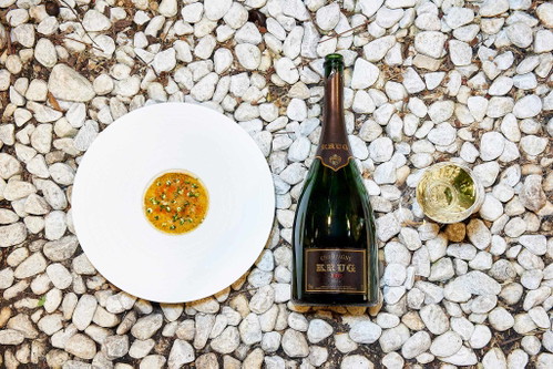 Königskrabbe &amp; Gänsemastleber /&nbsp; Mango, Meeresgrün, Vadouvan mit KRUG 2003 aus der Magnum Flasche