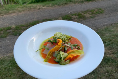 Gegrillte Paprikacreme mit Grapefruit.
