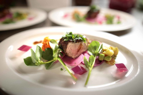 Gebratene Entenbrust mit rotem Rettich, Rettichaspik, Portulak und Avocado-Rettich-Salat im Restaurant »Broeding«.