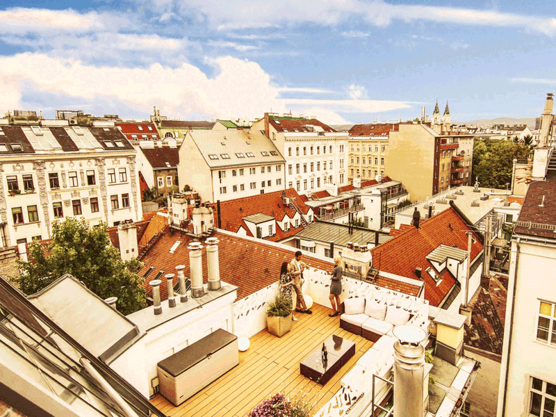 Das Penthouse im Wein &amp; Design verfügt über&nbsp;eine Privatterasse mit herrlichem Blick über Wien
