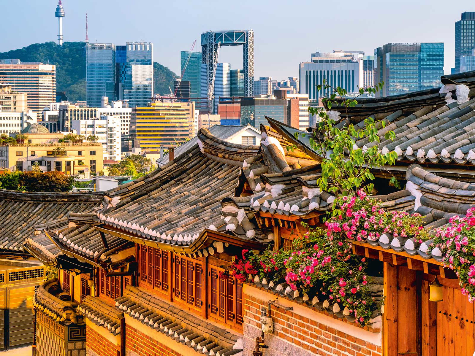 Das alte Dorf blickt auf sechs Jahrhunderte Geschichte zurück. Dahinter: das moderne Seoul.