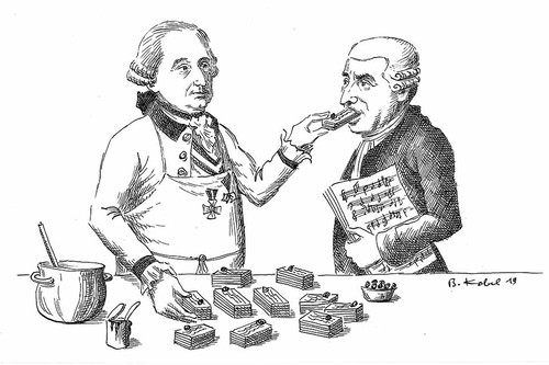 Schon wieder muss Joseph Haydn von den soeben fertiggestellten Esterházy-Schnitten seines Dienstherren Fürst Nikolaus Esterházy kosten.