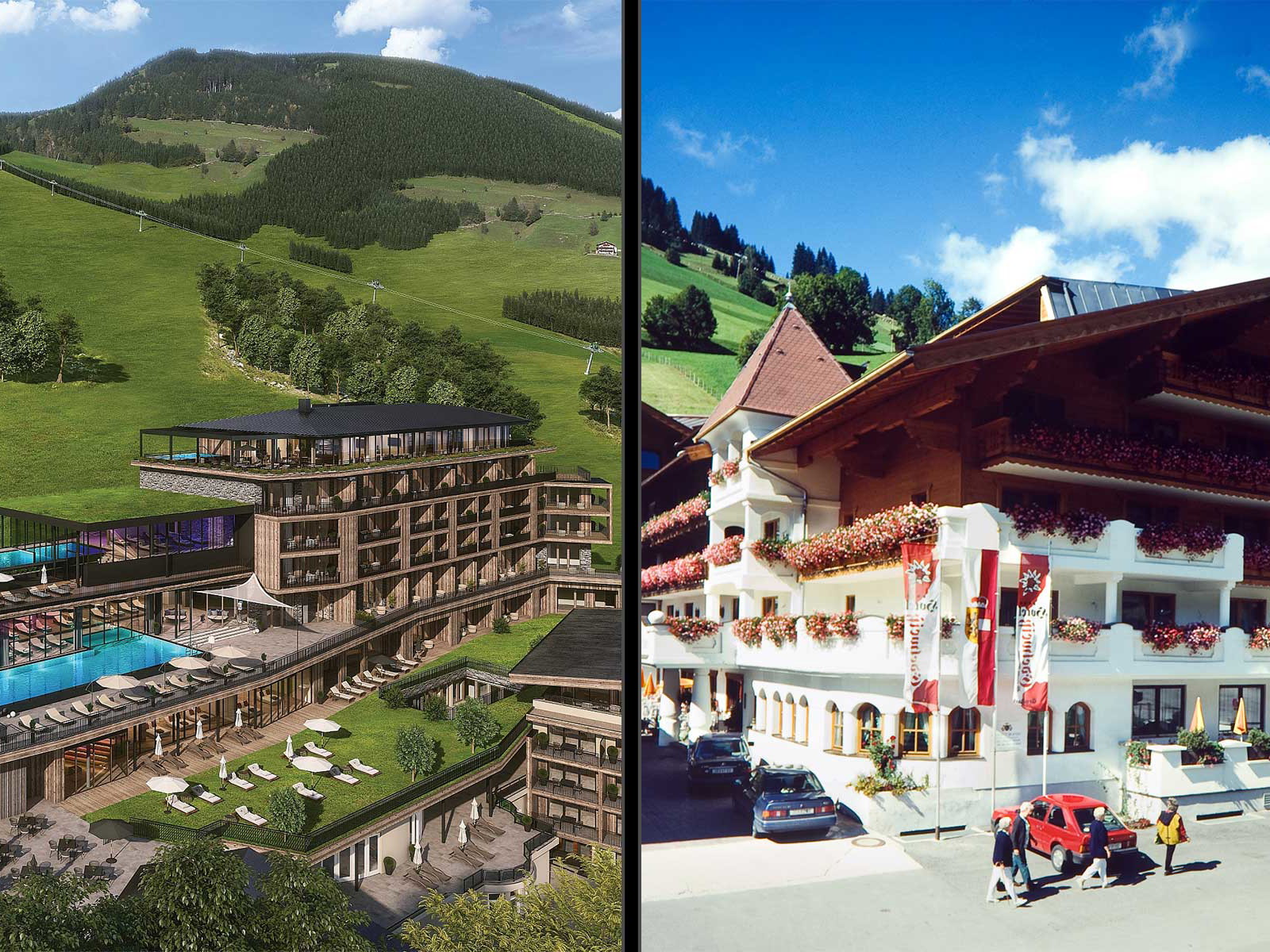 Das moderne Mountain-Resort versus dem vorherigen Alpenbauernhof.