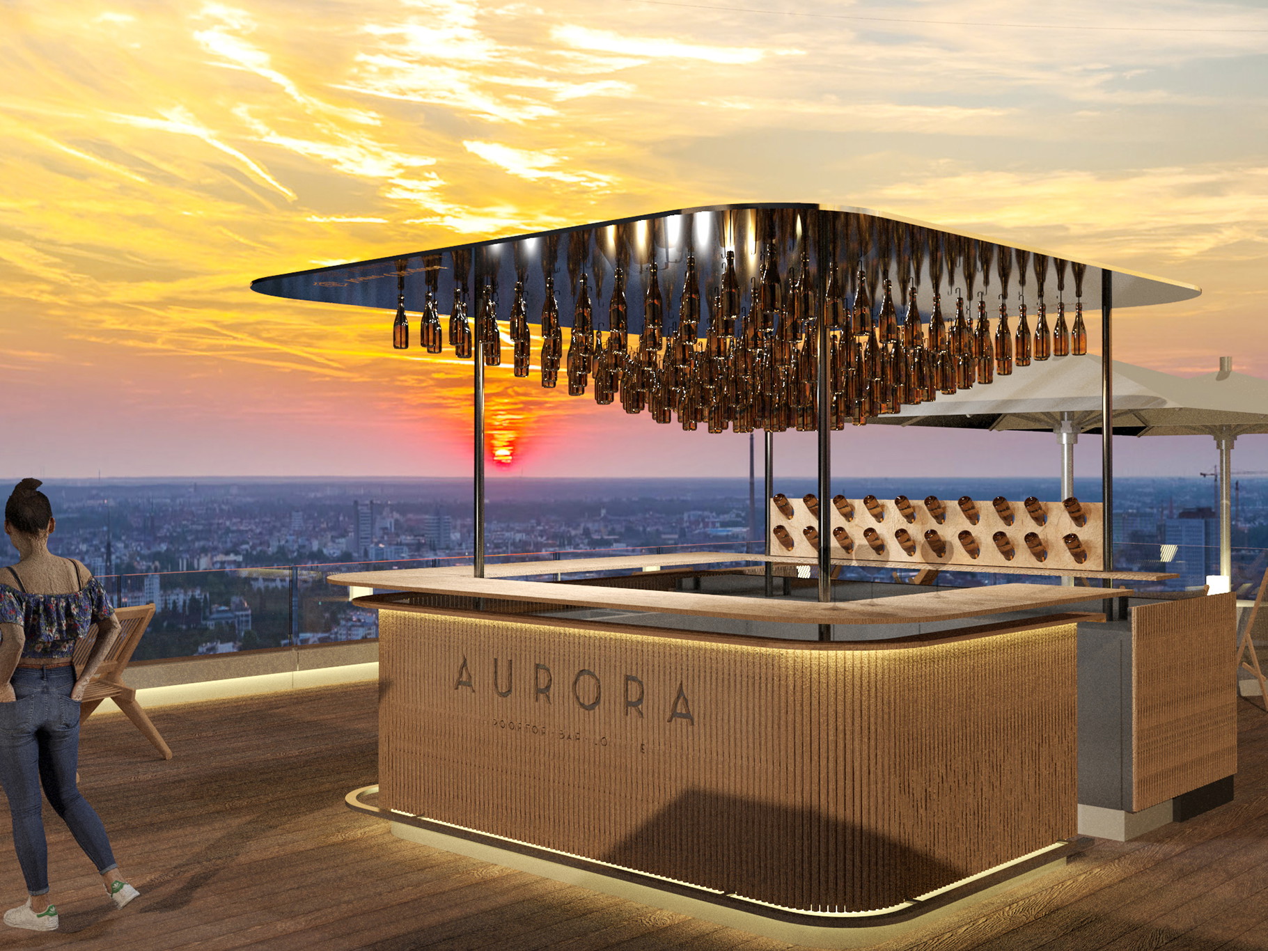 Die zukünftige Rooftop-Bar mit atemberaubendem Bilck über die Stadt.