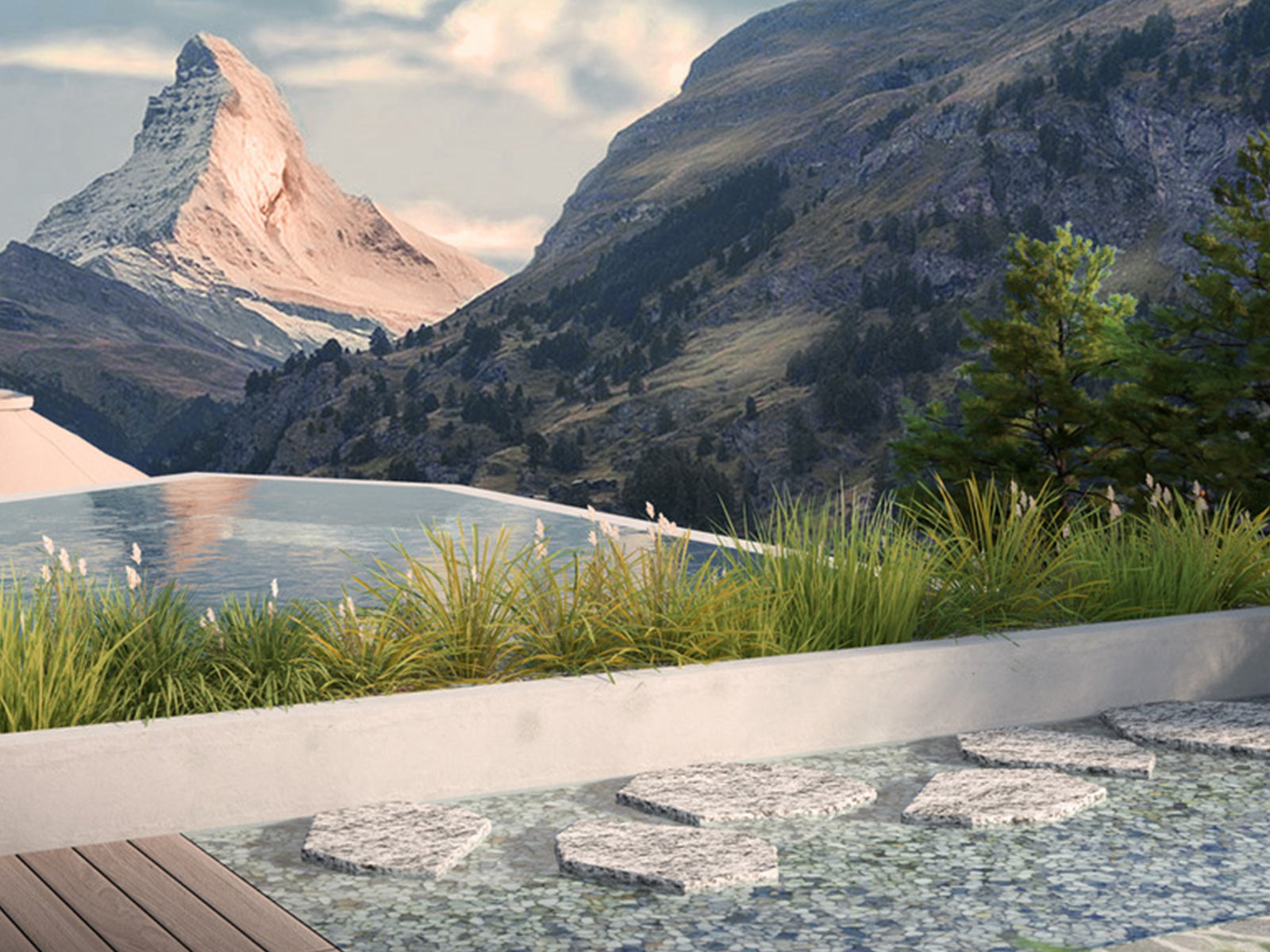 Der neue japanische Onsen mit Blick auf das Matterhorn.