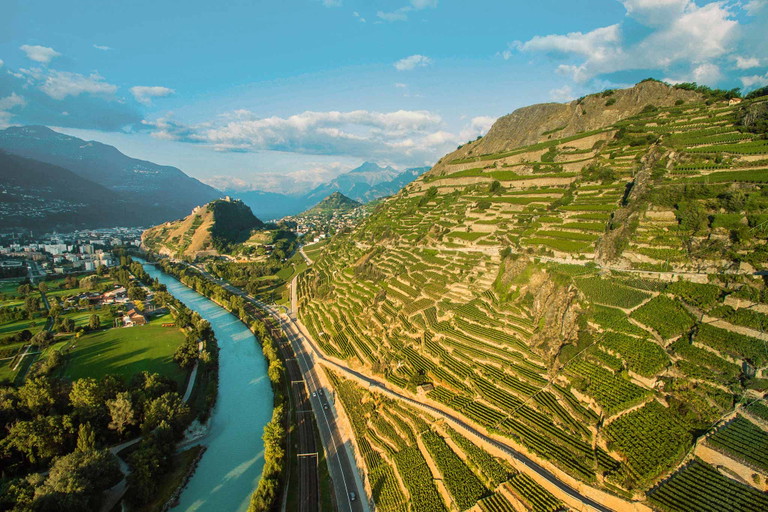 Die Rhône, der prägende Strom für die Winzer im Wallis. Hier gesäumt von Rebterrassen bei Sion.&nbsp;