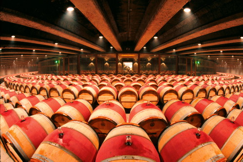 Bei »Opus One« im Napa Valley (Bild unten) umrunden die Fässer den Tasting Room.