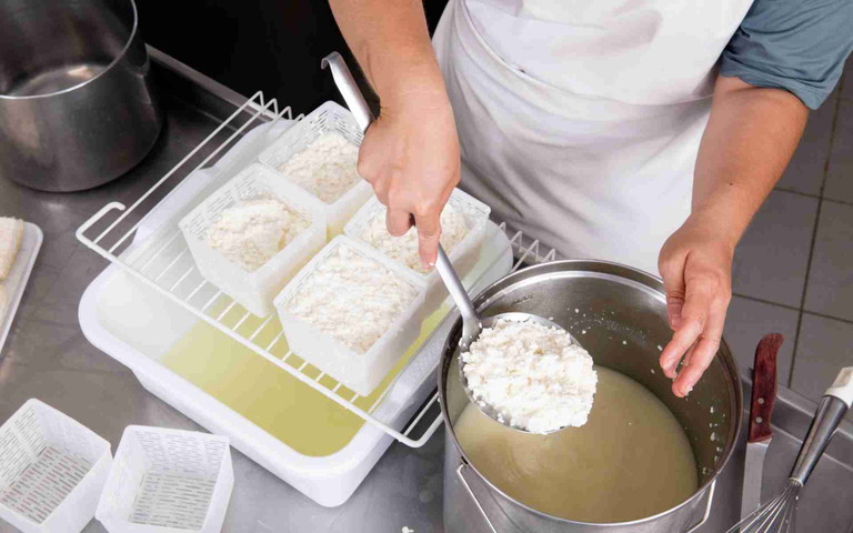 Cheesemaking: ladling curds into cheese moulds
