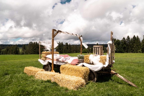 La Bergerette Das «Hotel Mille Étoiles de la Bergerette» im Berner Jura bietet seinen Gästen ein rustikales Doppelbett mitten in der Natur.  «Domaine Aux prés-d'Abel - La Bergerette», La Chaux-d'Abel 78, 2333&nbsp;La Ferriere