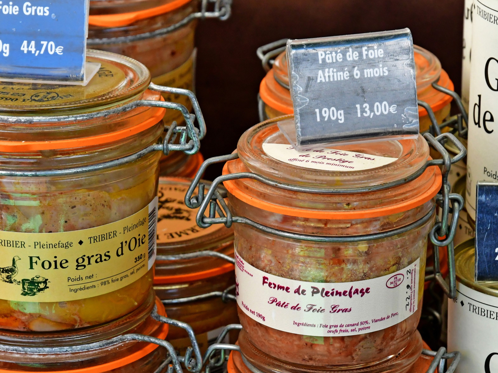 Foie gras for sale at a market in France.