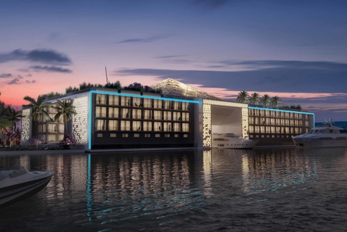 In der Mitte des Kempinski Floating Palace können größere Yachten ein- und ausfahren.