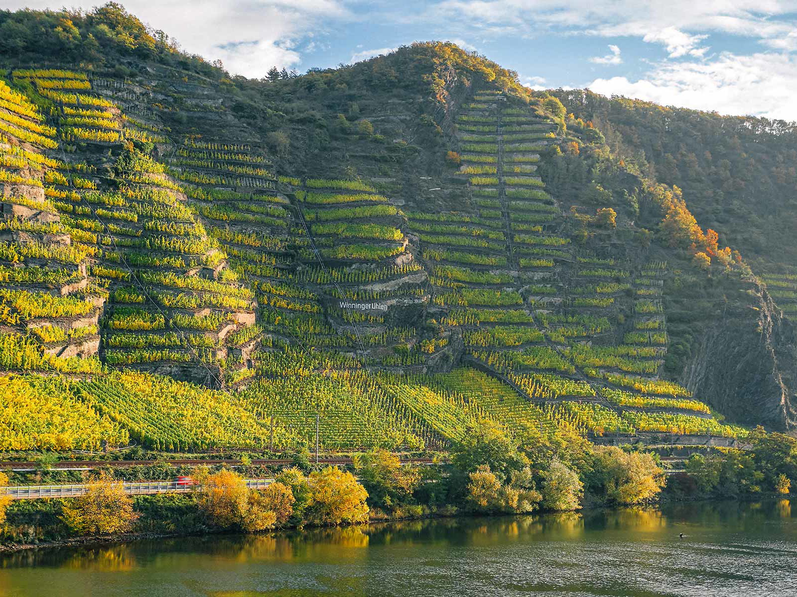 Nicht von ungefähr heißt dieser Flussabschnitt »Terrassenmosel«: In der Lage Uhlen bei Winningen werden Steigungen von 170 Prozent (60 Grad) erreicht.