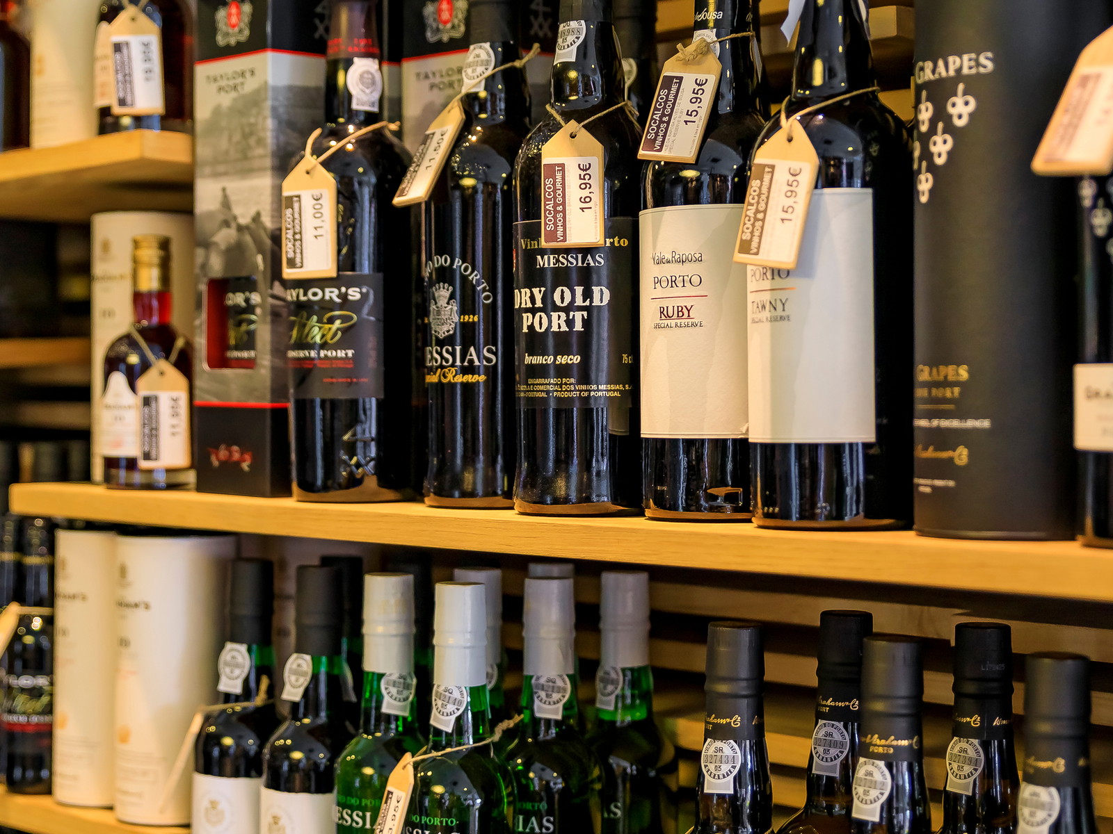 Port&nbsp;bottles on display in Portugal.