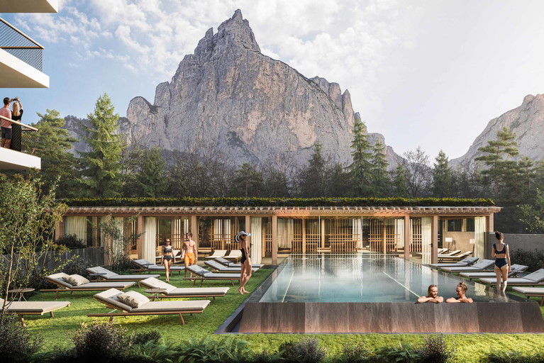 Das Badehaus Aussen des «Sensoria Dolomites»