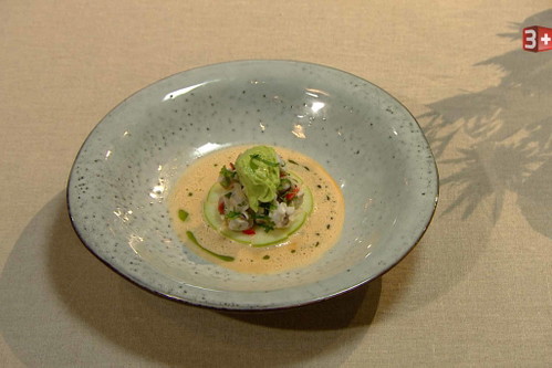 Sandras Vorspeise in der finalen Challenge: Ceviche mit grünem Apfel und Avocado Glace