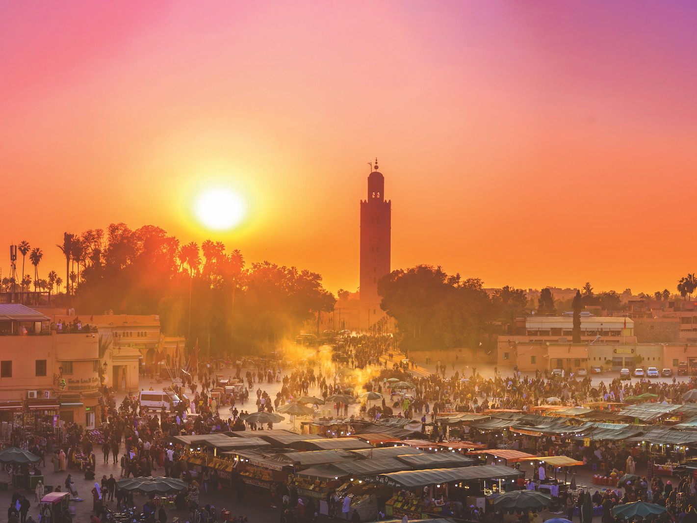View of Marrakech’s Kutubiyya Mosque at sunset.
