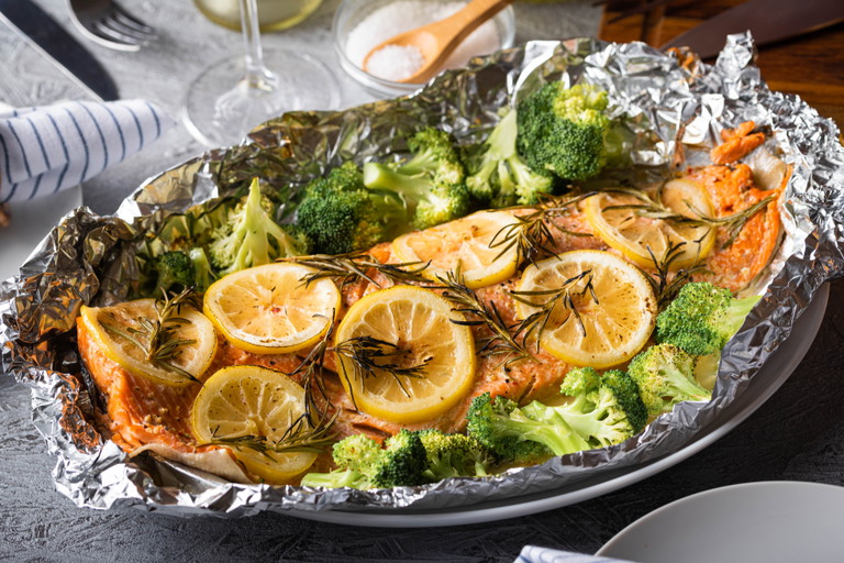 A whole grilled salmon fillet