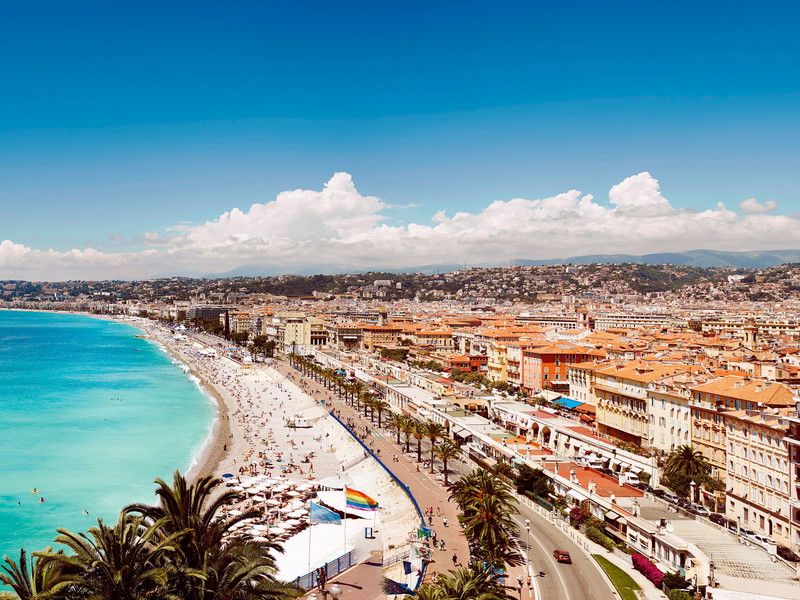 The beach stretches for kilometres under the Promenade des Anglais, where top restaurants and luxury hotels are lined up side by side.