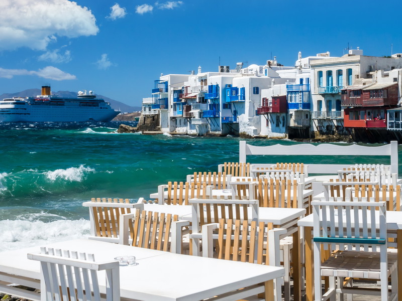 A restaurant by the sea in Mykonos, Greece.