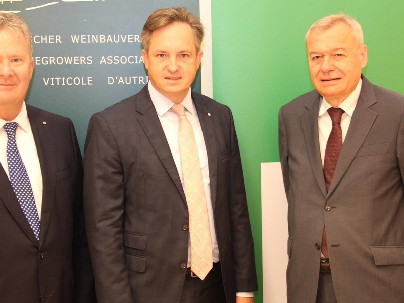 v.l.n.r.: Chris Yorke (Geschäftsführer Österreich Wein Marketing GmbH), Johannes Schmuckenschlager (Präsident Österreichischer Weinbauverband), Josef Glatt (Direktor Österreichischer Weinbauverband) bei der Pressekonferenz zur Weinernte 2022

