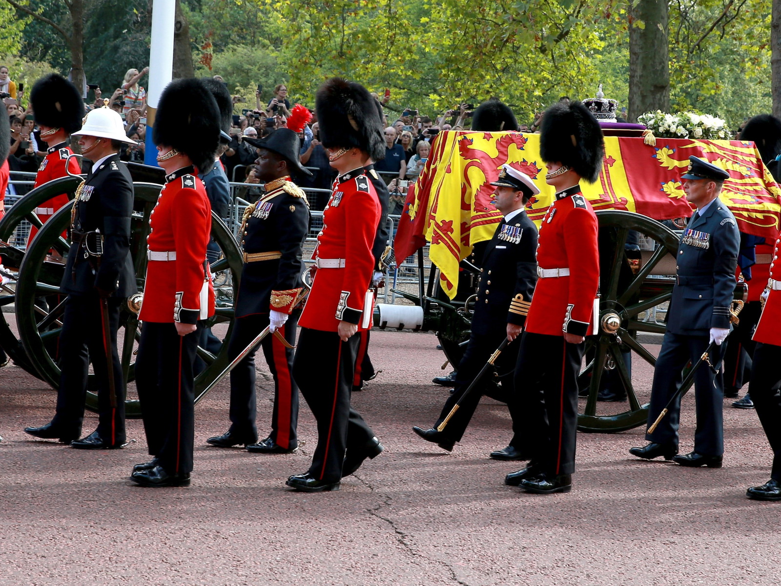 The coffin carrying Queen Elizabeth II makes its way along The Mall.&nbsp;