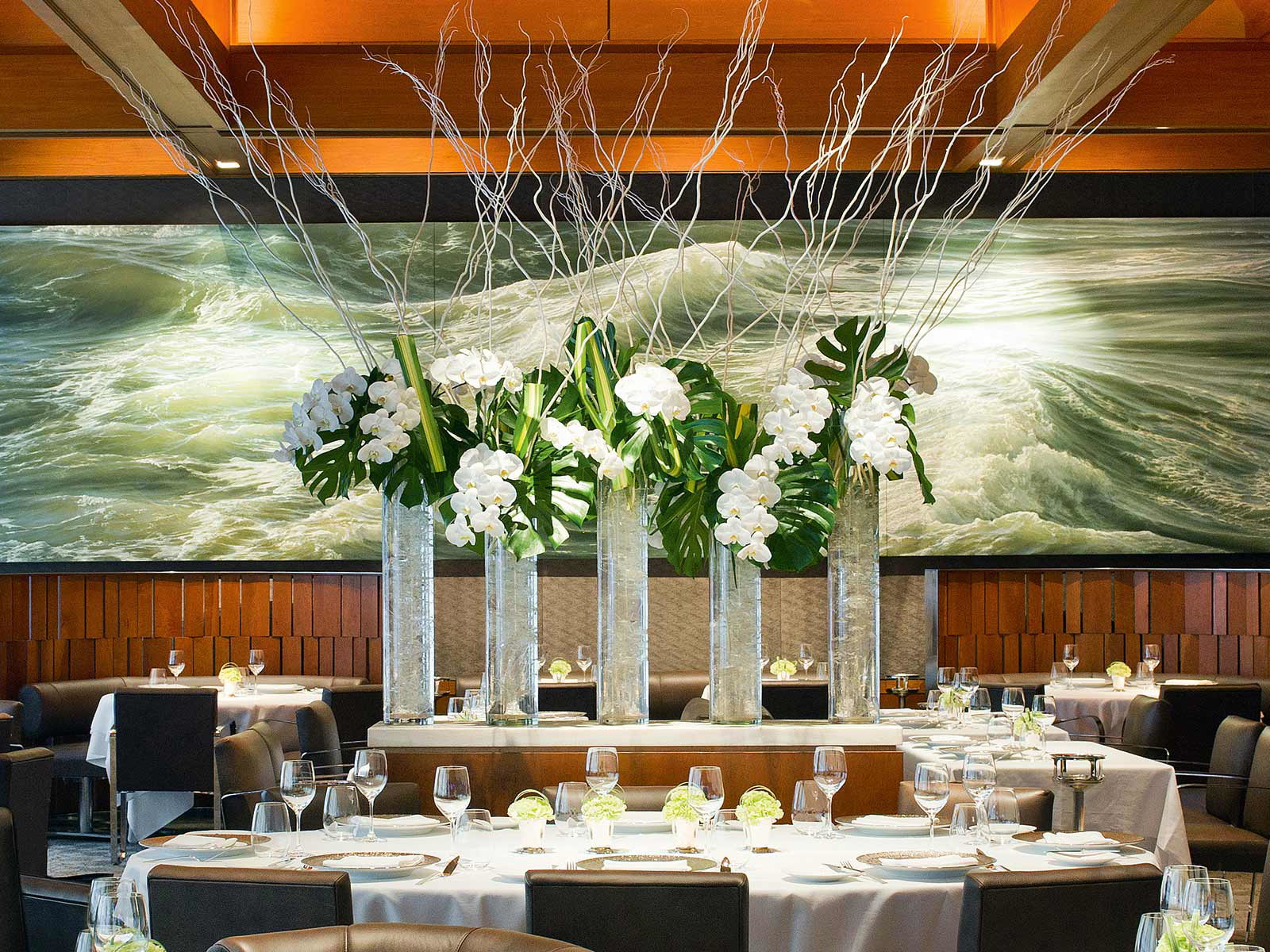 The waves of Brittany on the wall of the award-winning dining room of Le Bernardin.