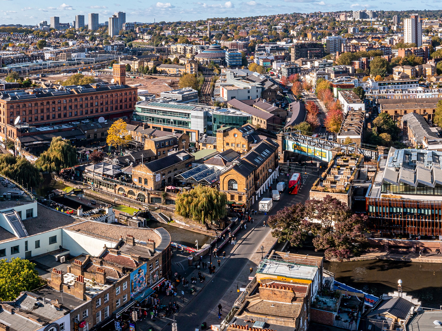 Aerial view of Camden Lock Market, London.
