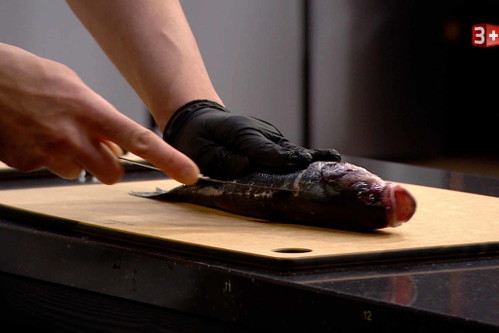 Den Fisch vorsichtig mit der Messerspitze von der Rückenseite her – vom Kopf bis zur Schwanzflosse – an den Gräten entlang anschneiden ...
