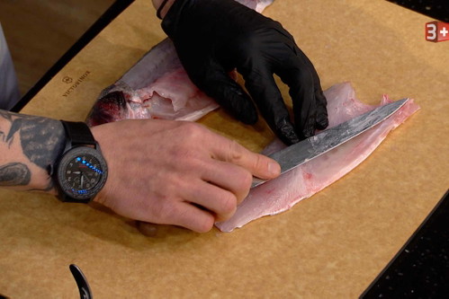 Die größeren Gräten am Bauchlappen mit einem Filetiermesser entfernen ...