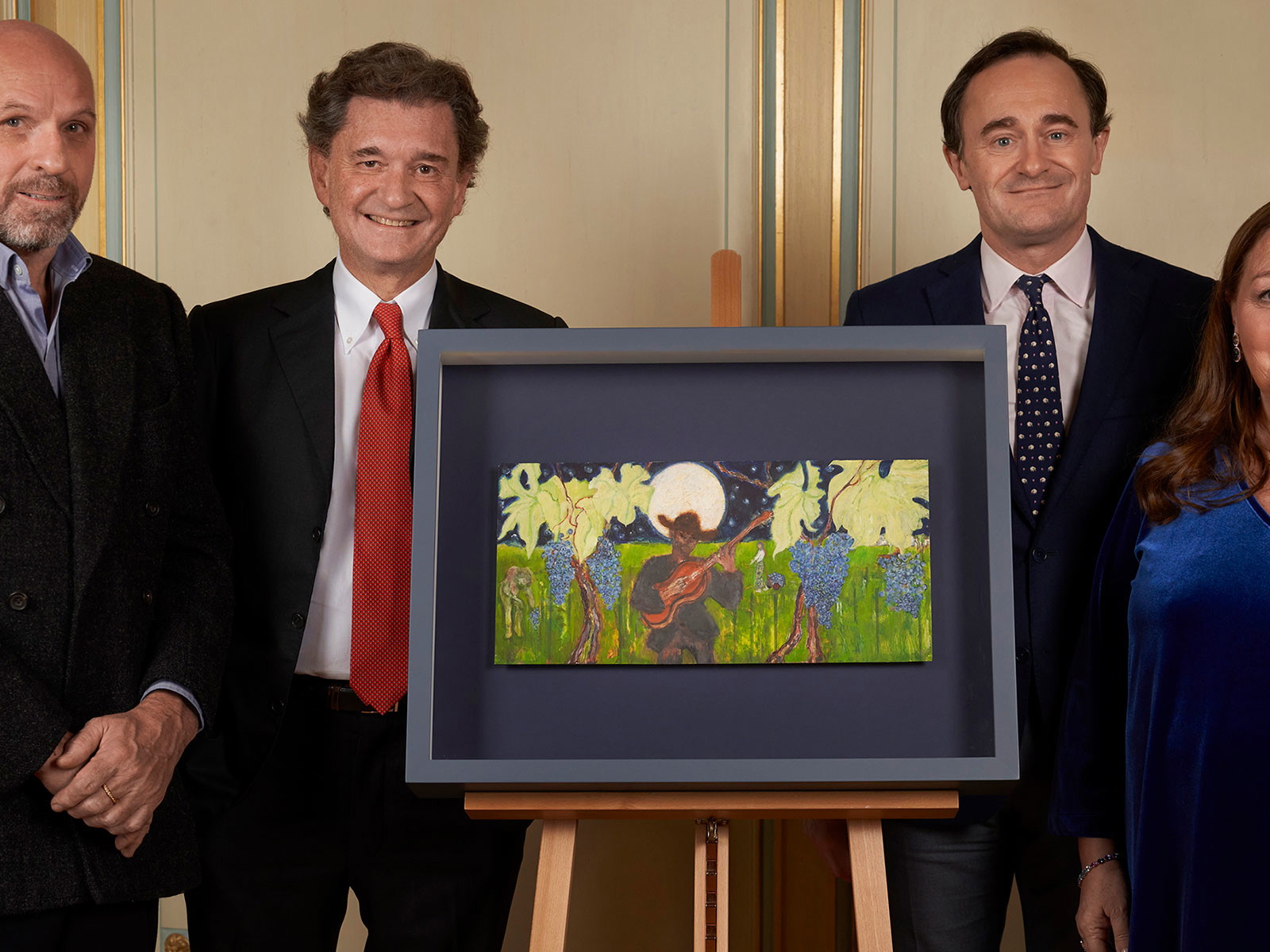 Der Künstler Peter Doig, Philippe Sereys de Rothschild, Julien de Beaumarchais de Rothschild und Camille Sereys de Rothschild (v.l.n.r.)