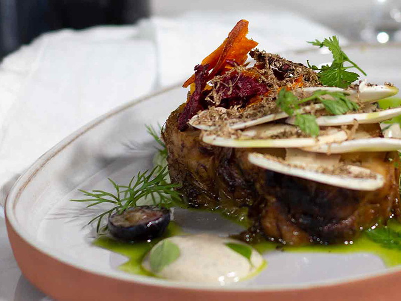 Geschmorter Sellerie mit Trüffelmayo und Rioja Granita.