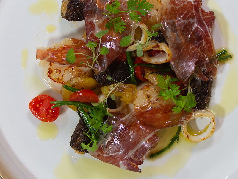 Frühlingssalat mit Jakobsmuscheln, Jamón Iberico und Morcheln