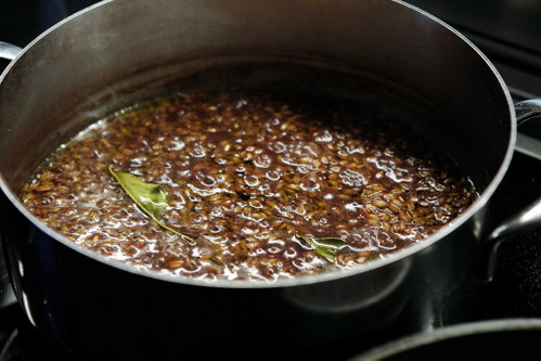 Dinkel im Gemüsefond, mit Kräutern.