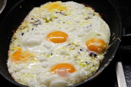Gemeinsam mit dem Feta und Gewürzen wird das Ei ein paar Minuten am Herd gebacken.