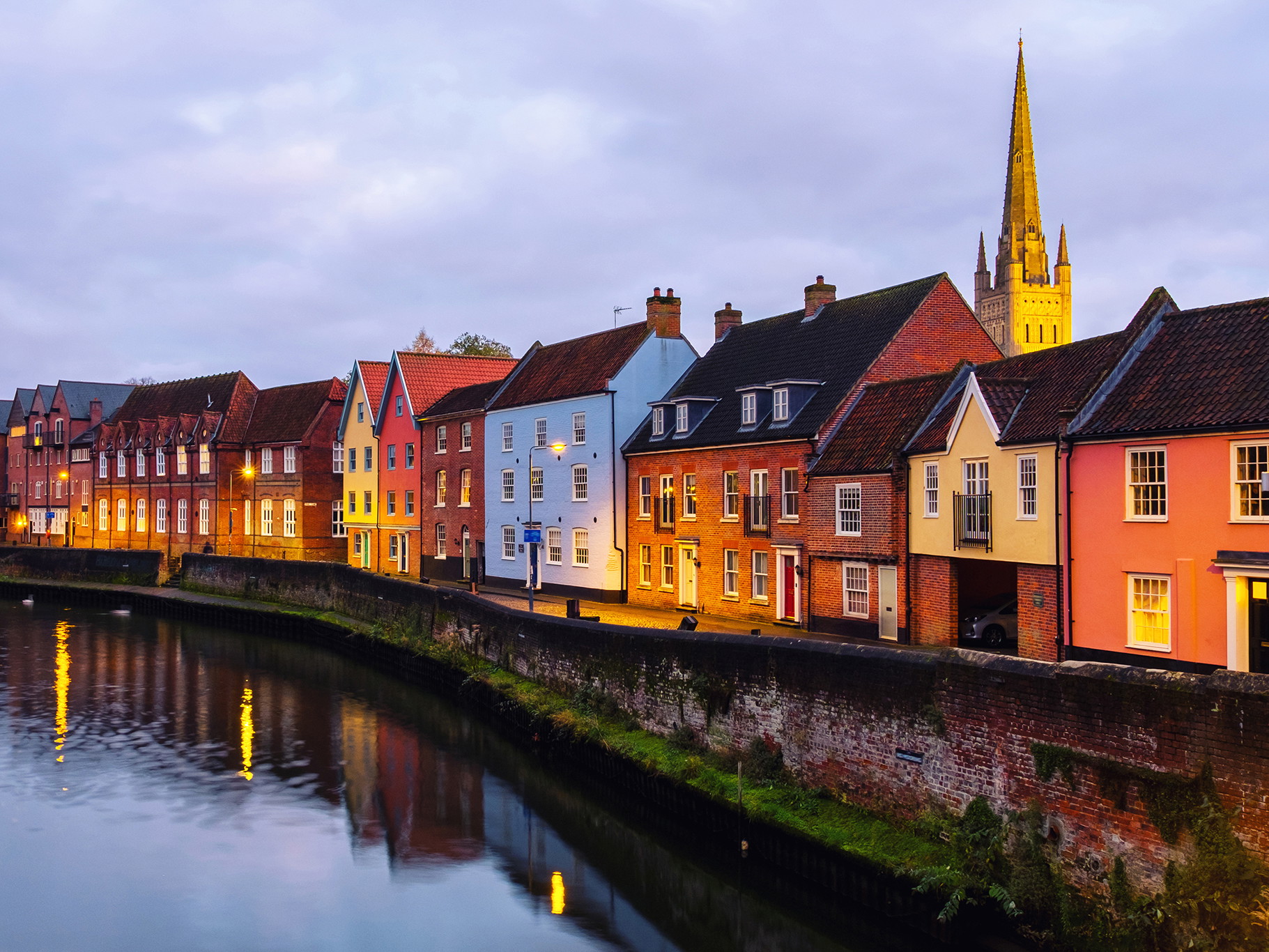 View of colorful historical houses in the center of Norwich, England, UK.