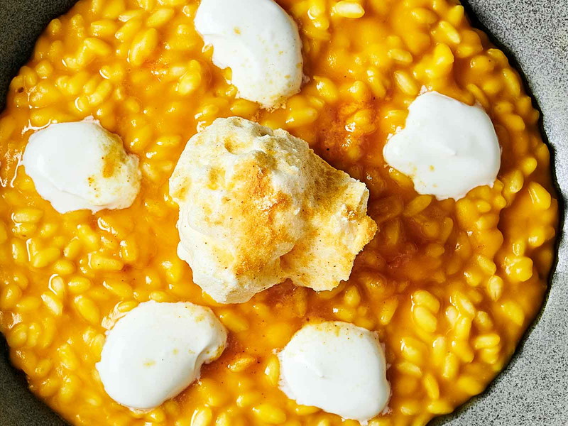 A succulent combination of pumpkin risotto and orange mousse