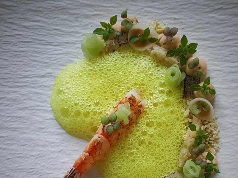 Rotgarnele mit Granny-Smith-Apfel-Nocken