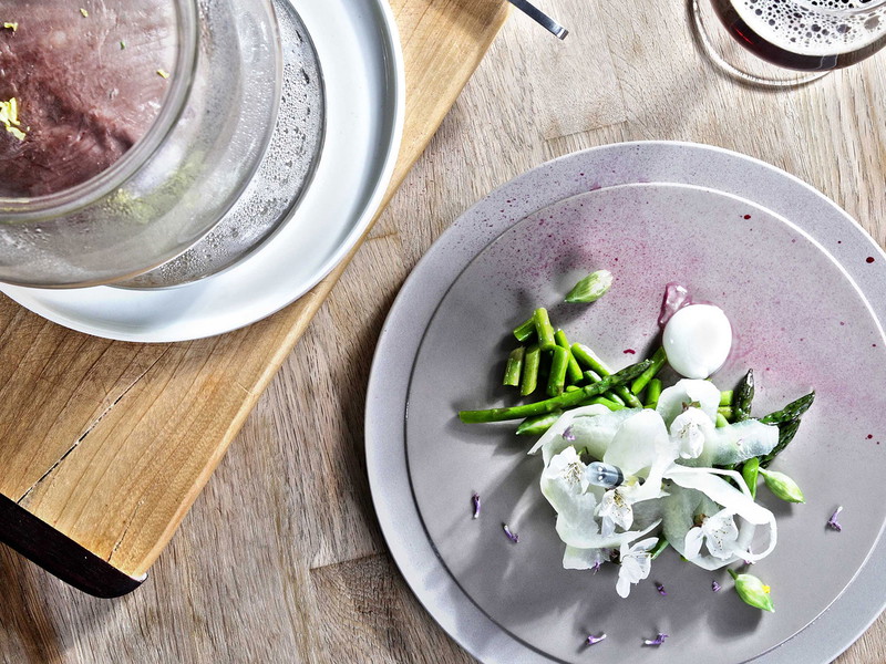 Lamb Shank cooked in a Bodum with Green Asparagus and Wild Garlic&nbsp;