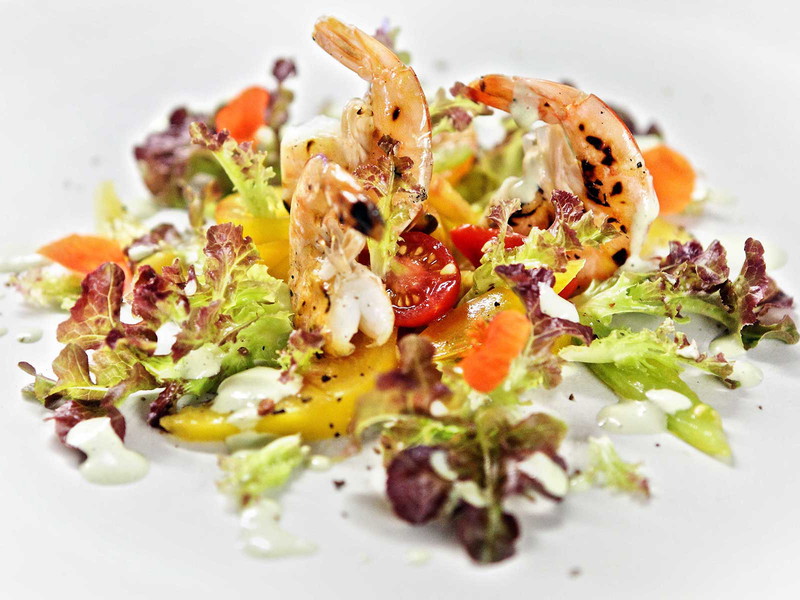 Prawns on Tomato &amp; Oak Leaf Salad