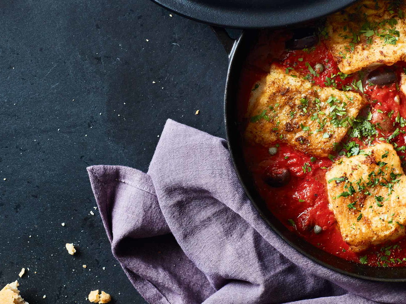 Cod alla Luciana in Tomato-Olive-Caper Sauce