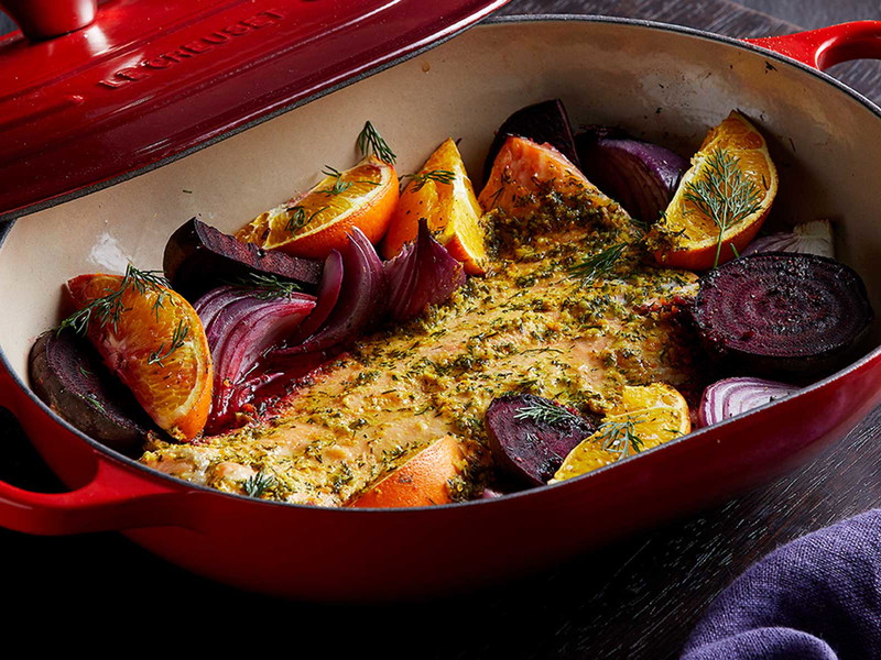 Salmon Fillet with Orange, Beetroot and Red Onion