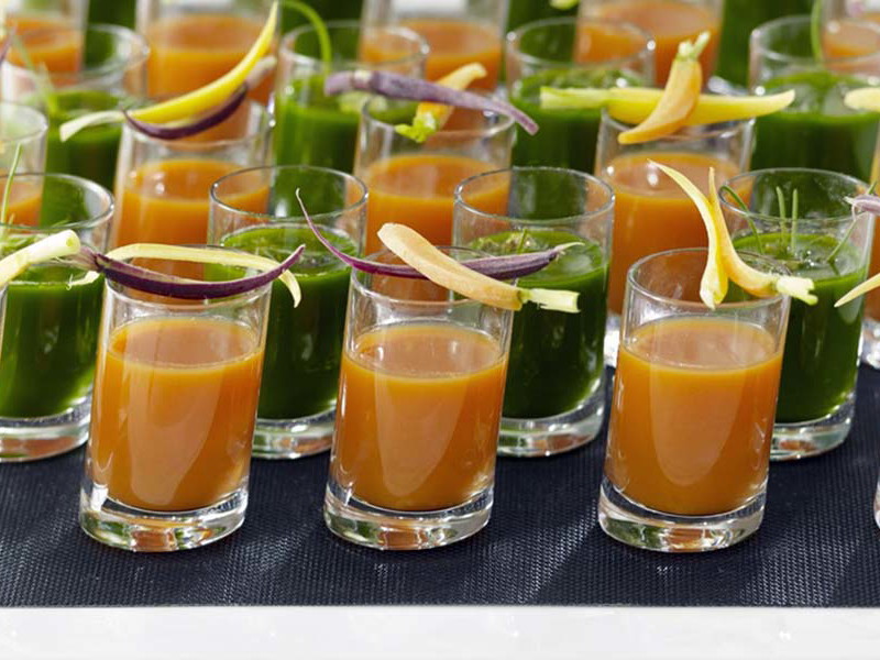 Carrot-Orange Gazpacho and Power Smoothie Shots.
