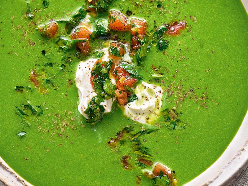 Spinach Soup with Mozzarella and Tomato Gremolata