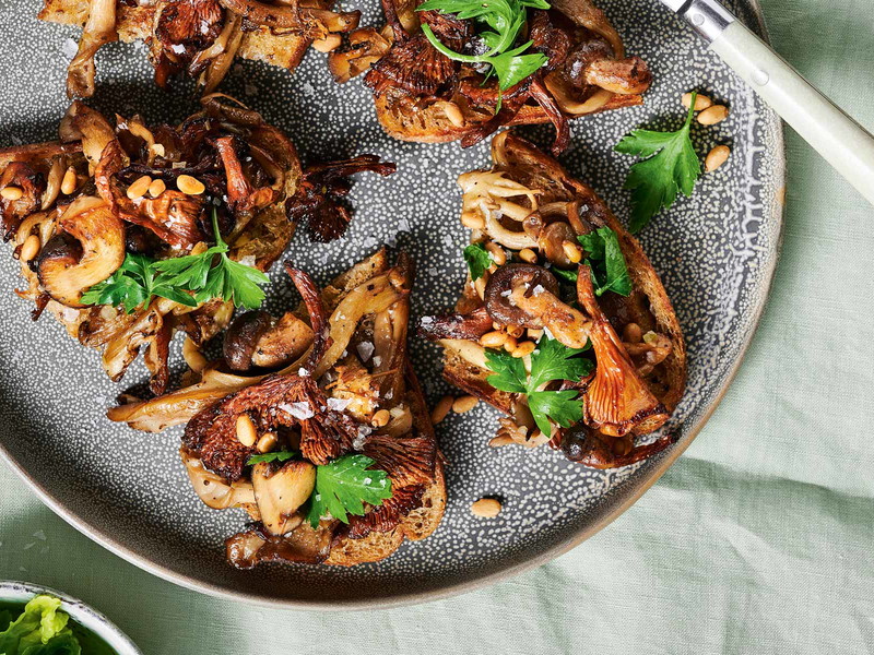 Fried Wild Mushrooms and Pine Nuts on Grilled Sourdough
