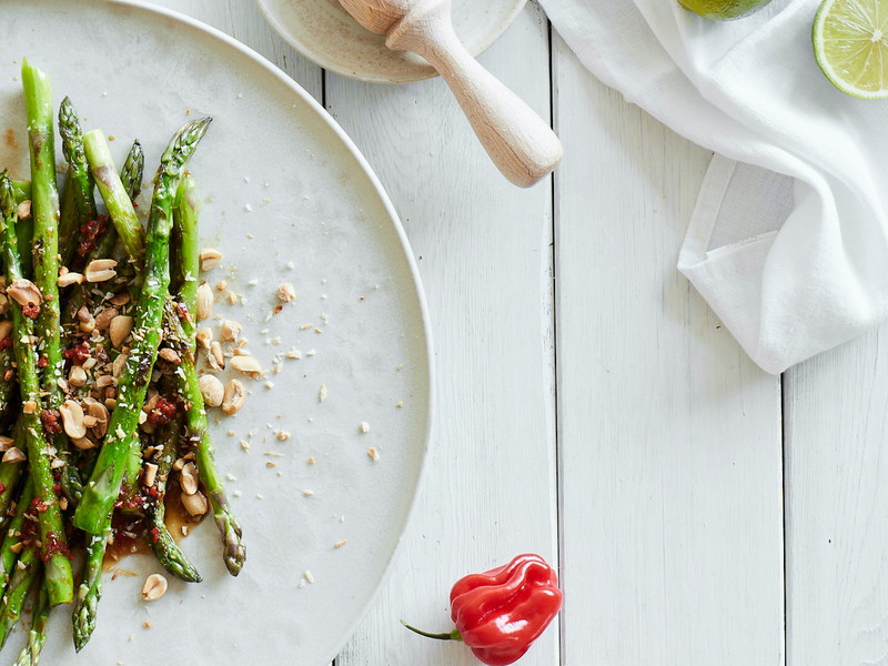 Sautéed Asparagus with Chilli, Coconut and Peanuts