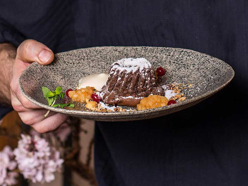 Chocolate Soufflè with Quince Cinnamon Chutney and Sabayon