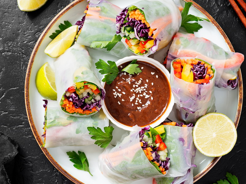 Vegetarian summer rolls with peanut butter sauce
