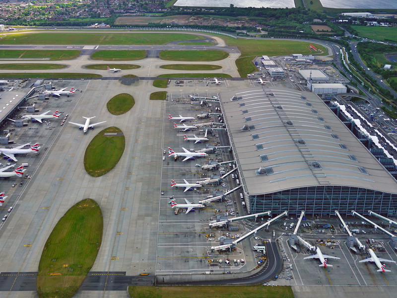 View of airplanes from British Airways (BA) at the Terminal 5 at London Heathrow Airport.
