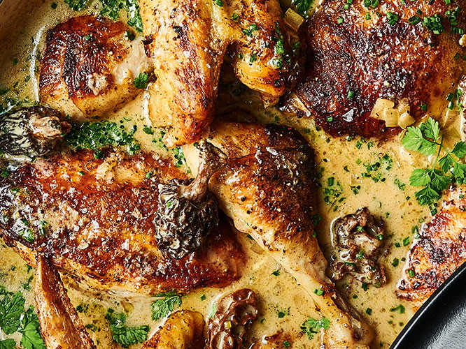 Huhn in Sherry mit Morcheln.