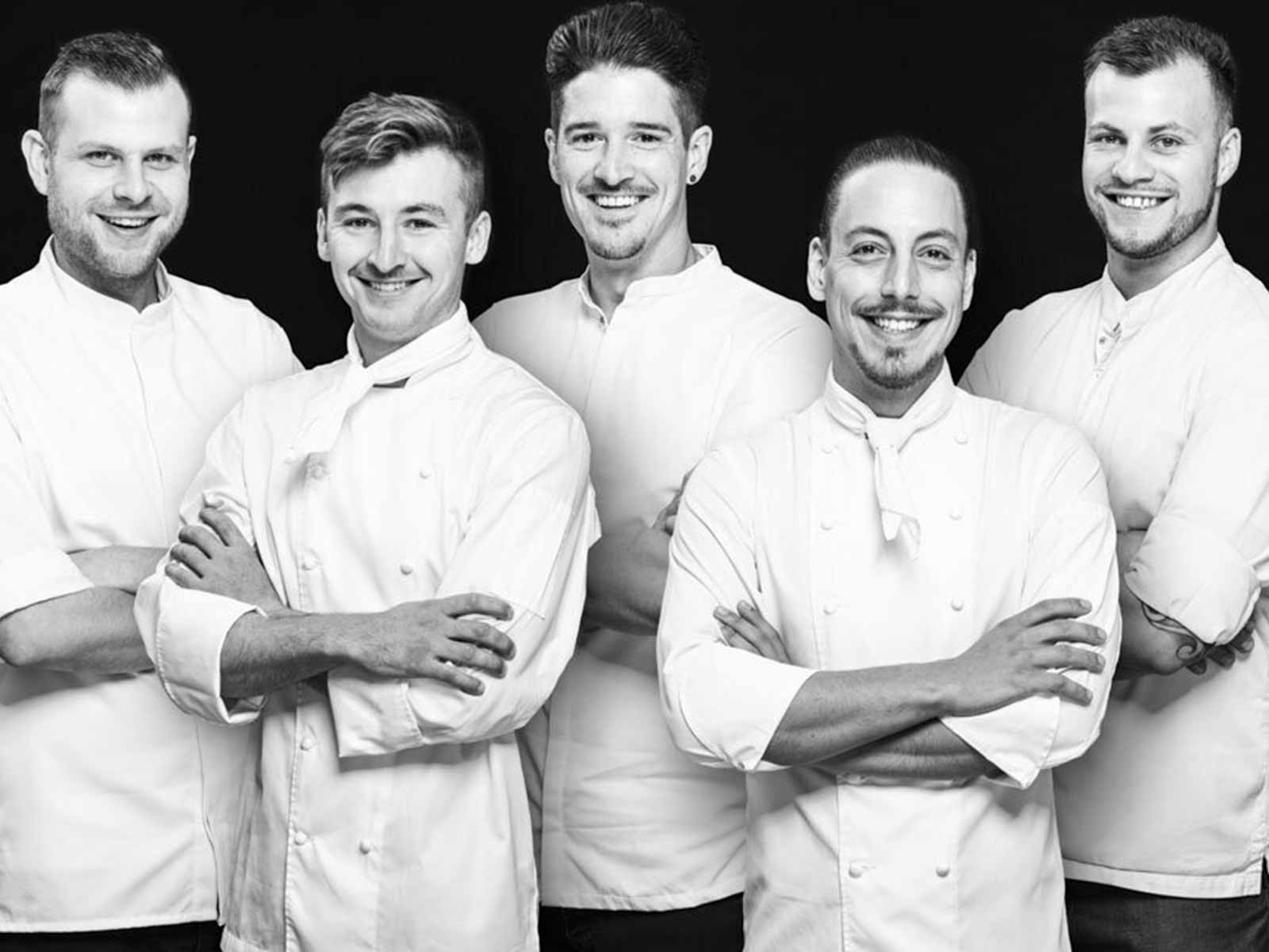 Die Finalisten des «Goldenen Kochs»: Janic Mühlemann, Shaun Rollier, Mario Garcia, Daniele Angelosanto und Robin Höfer.